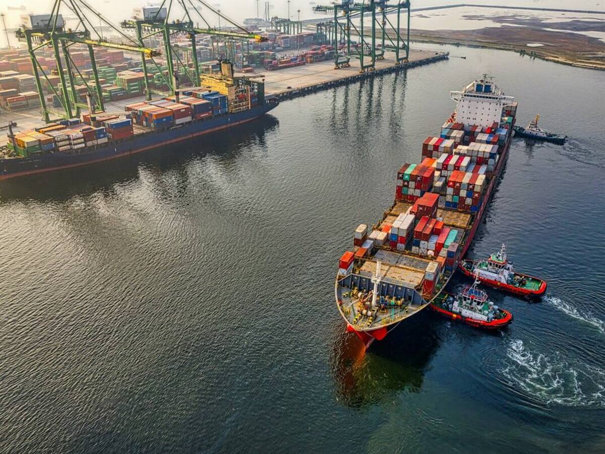 Container ship under way, seen from above