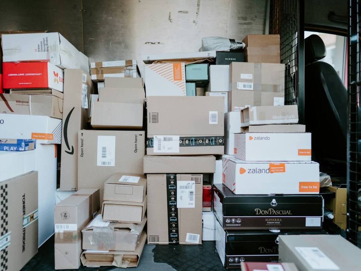 Parcels stacked inside a delivery van